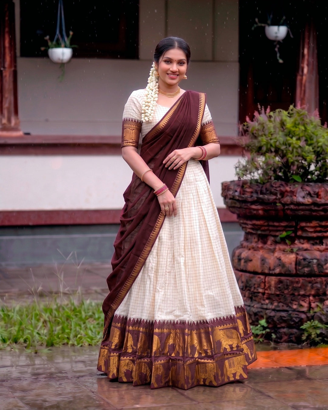 White & Maroon Poly Cotton Chex Onam Half Saree | Traditional Festive Wear