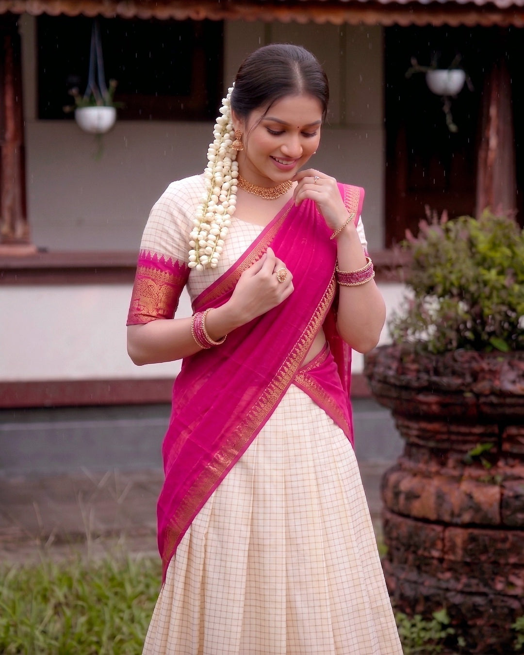 White and Pink Poly Cotton Chex Onam Lehenga Set | Traditional Kerala Festive Wear for Women