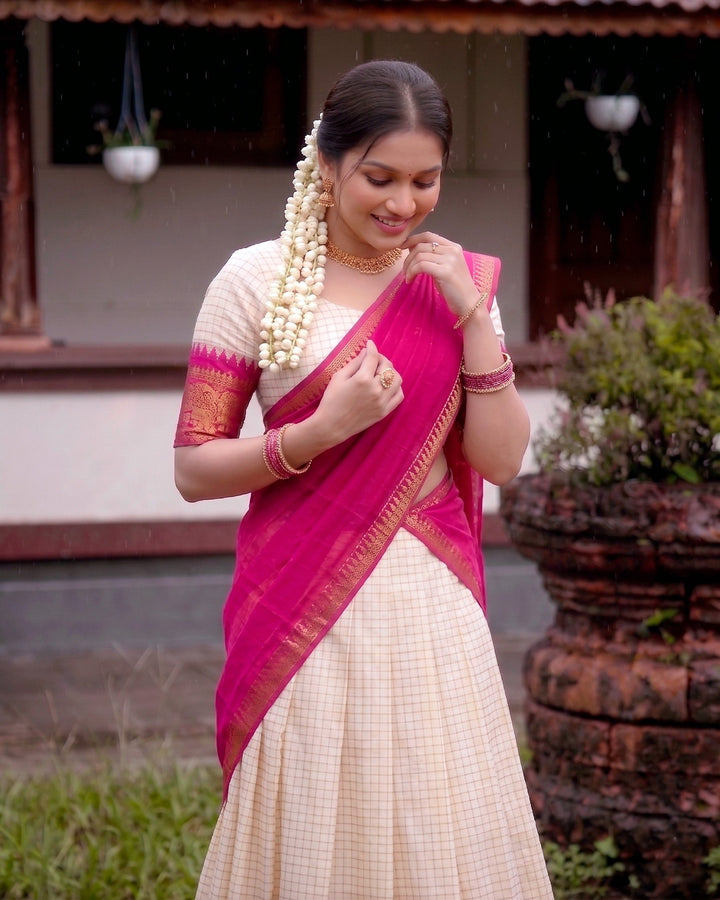 White and Pink Poly Cotton Chex Onam Lehenga Set | Traditional Kerala Festive Wear for Women