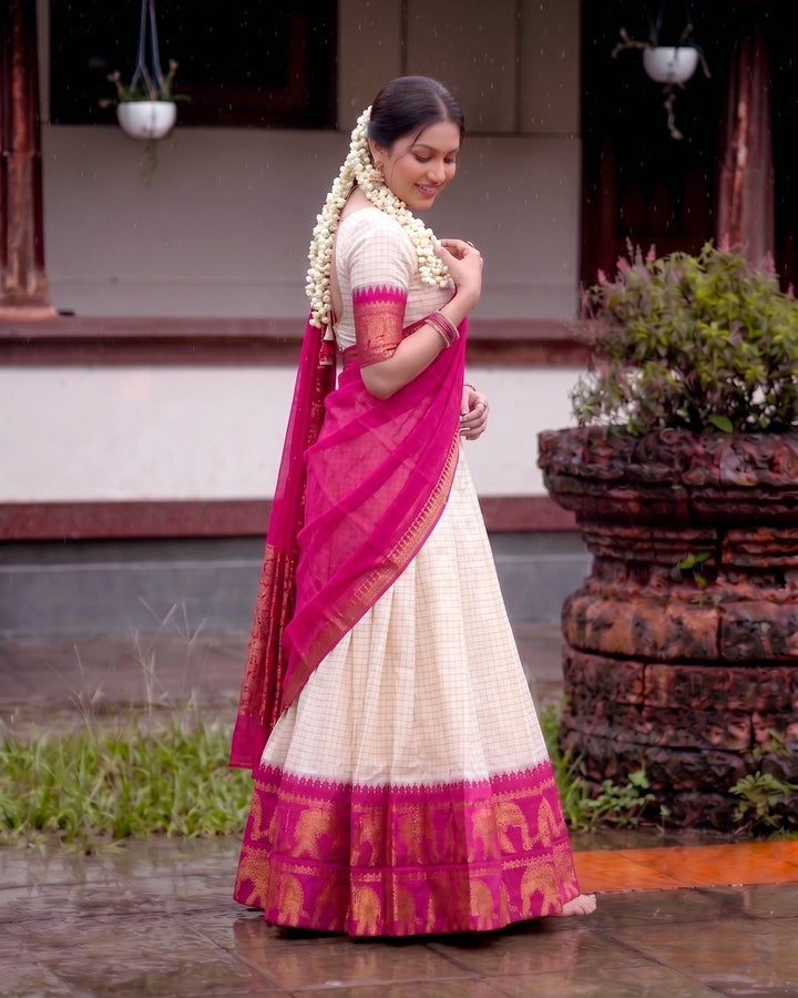 White and Pink Poly Cotton Chex Onam Lehenga Set | Traditional Kerala Festive Wear for Women