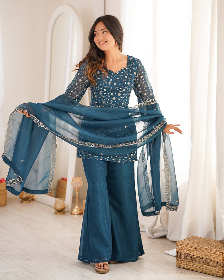 Teal Blue Crunchy Silk Embroidered Palazzo Suit – Elegant Festive & Party Wear for Women