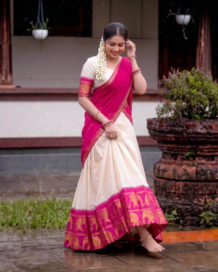 White and Pink Poly Cotton Chex Onam Lehenga Set | Traditional Kerala Festive Wear for Women
