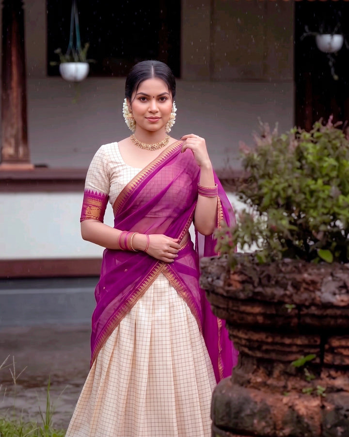 White and Wine Poly Cotton Chex Onam Lehenga Set | Traditional Kerala Festive Wear for Women