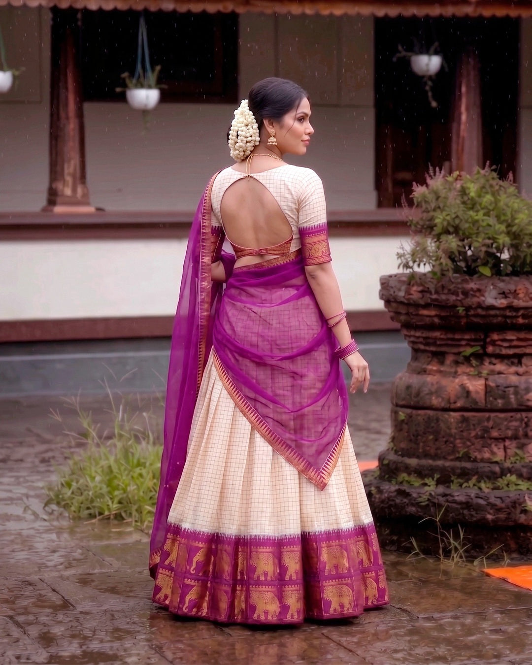 White and Wine Poly Cotton Chex Onam Lehenga Set | Traditional Kerala Festive Wear for Women