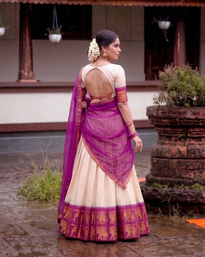 White and Wine Poly Cotton Chex Onam Lehenga Set | Traditional Kerala Festive Wear for Women