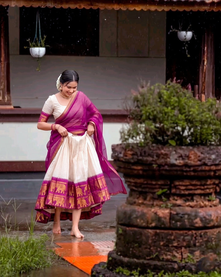 White and Wine Poly Cotton Chex Onam Lehenga Set | Traditional Kerala Festive Wear for Women