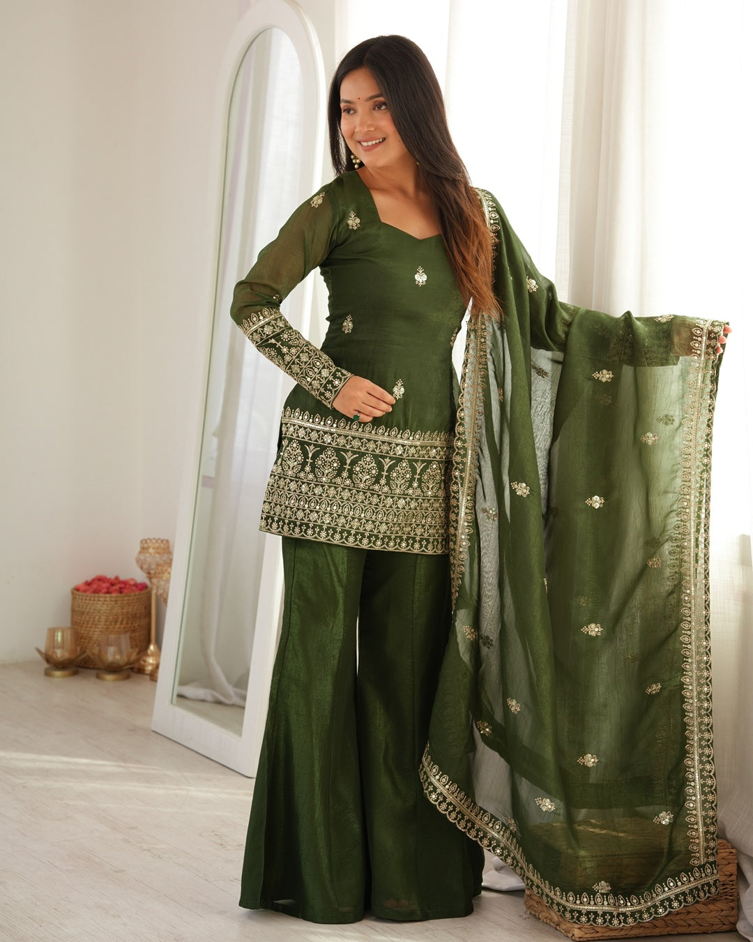 Mehndi Soft Crunchy Silk Sharara Suit for Women | Elegant Festive & Wedding Wear