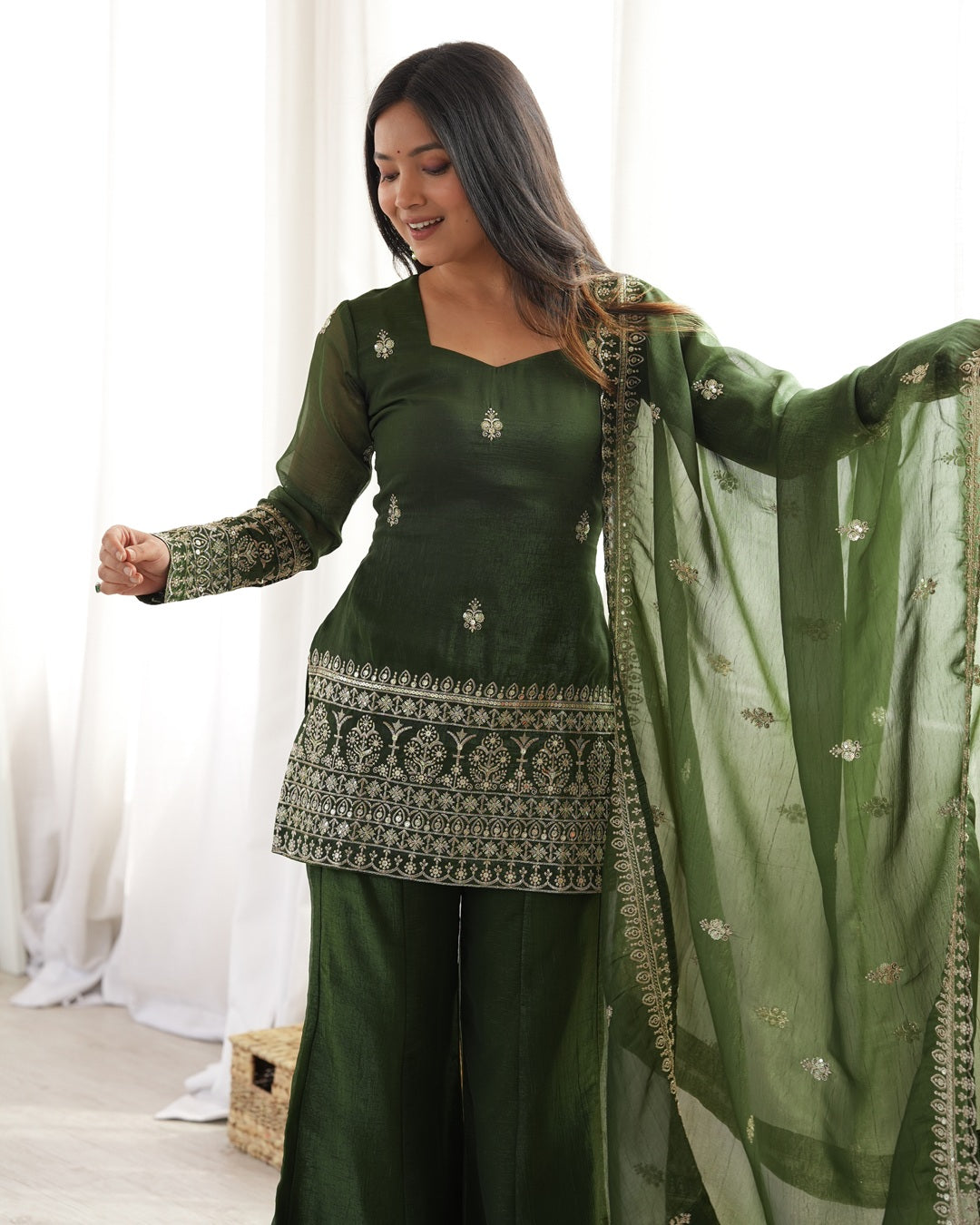 Mehndi Soft Crunchy Silk Sharara Suit for Women | Elegant Festive & Wedding Wear
