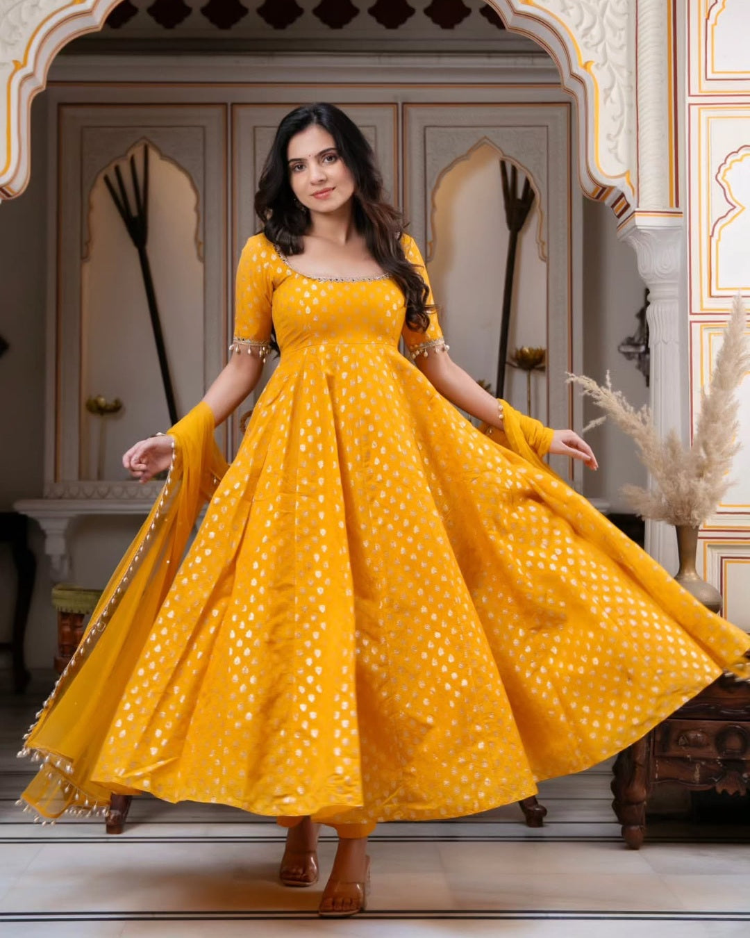Yellow Premium Banarasi Fabric Anarkali Suit | Elegant Festive & Wedding Wear for Women