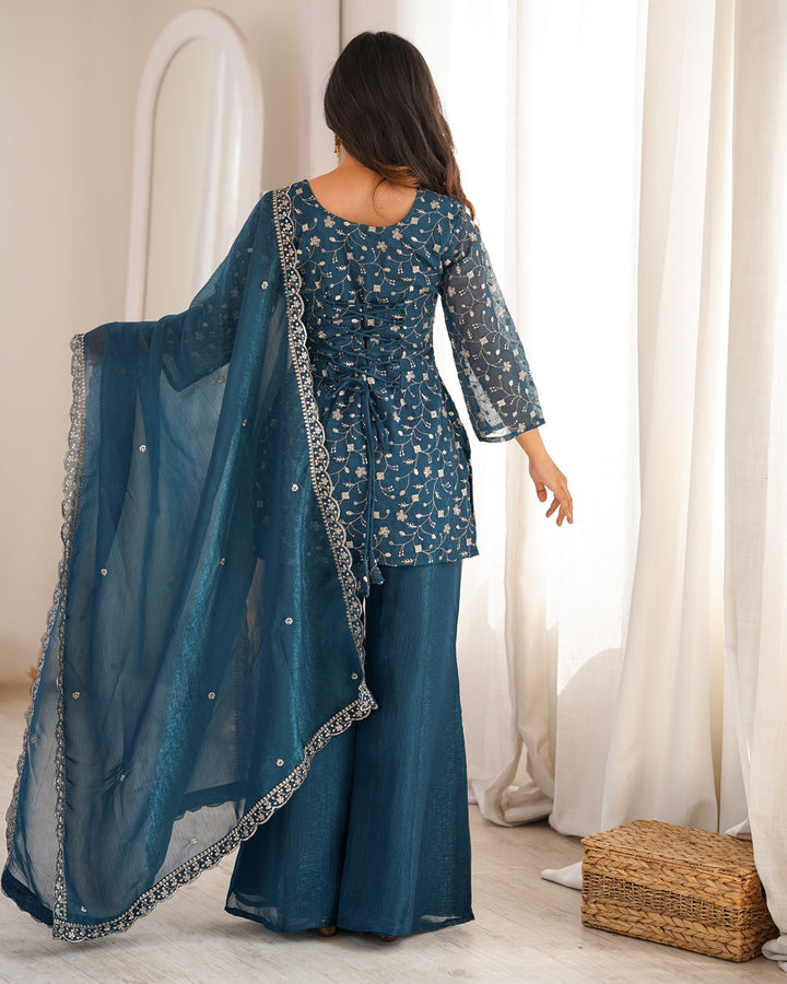 Teal Blue Crunchy Silk Embroidered Palazzo Suit – Elegant Festive & Party Wear for Women