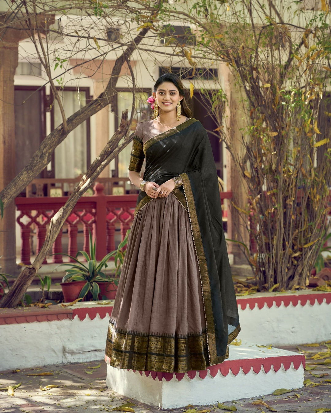 Chikoo Poly Cotton Zari Weaving Lehenga for Women | Elegant Festive & Wedding Wear