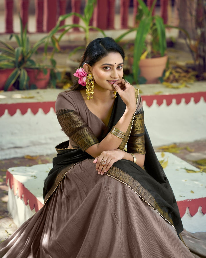 Chikoo Poly Cotton Zari Weaving Lehenga for Women | Elegant Festive & Wedding Wear