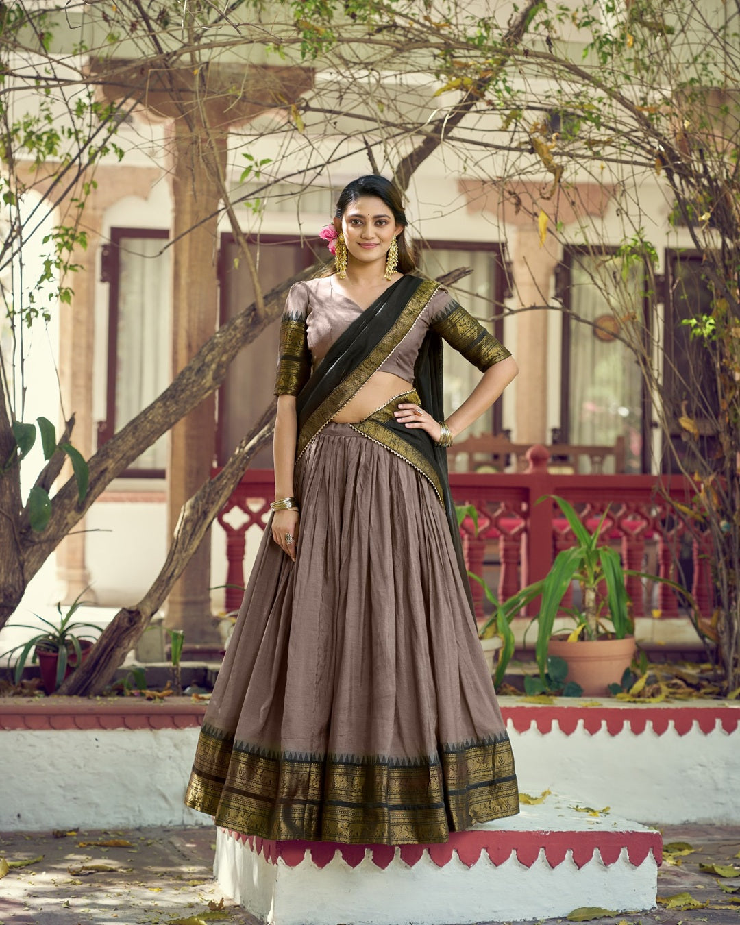 Chikoo Poly Cotton Zari Weaving Lehenga for Women | Elegant Festive & Wedding Wear