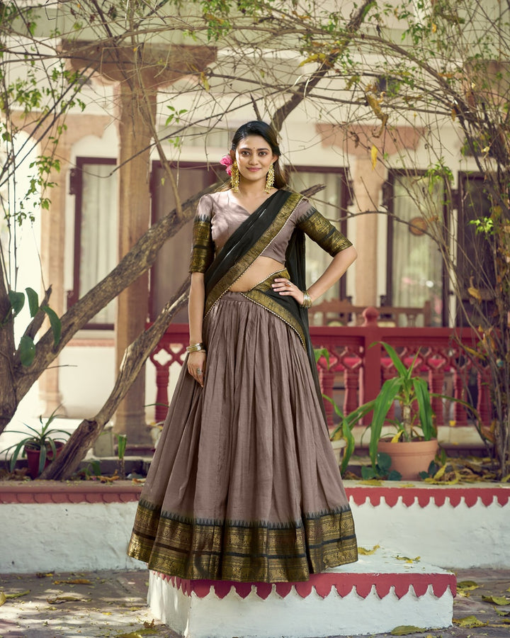 Chikoo Poly Cotton Zari Weaving Lehenga for Women | Elegant Festive & Wedding Wear