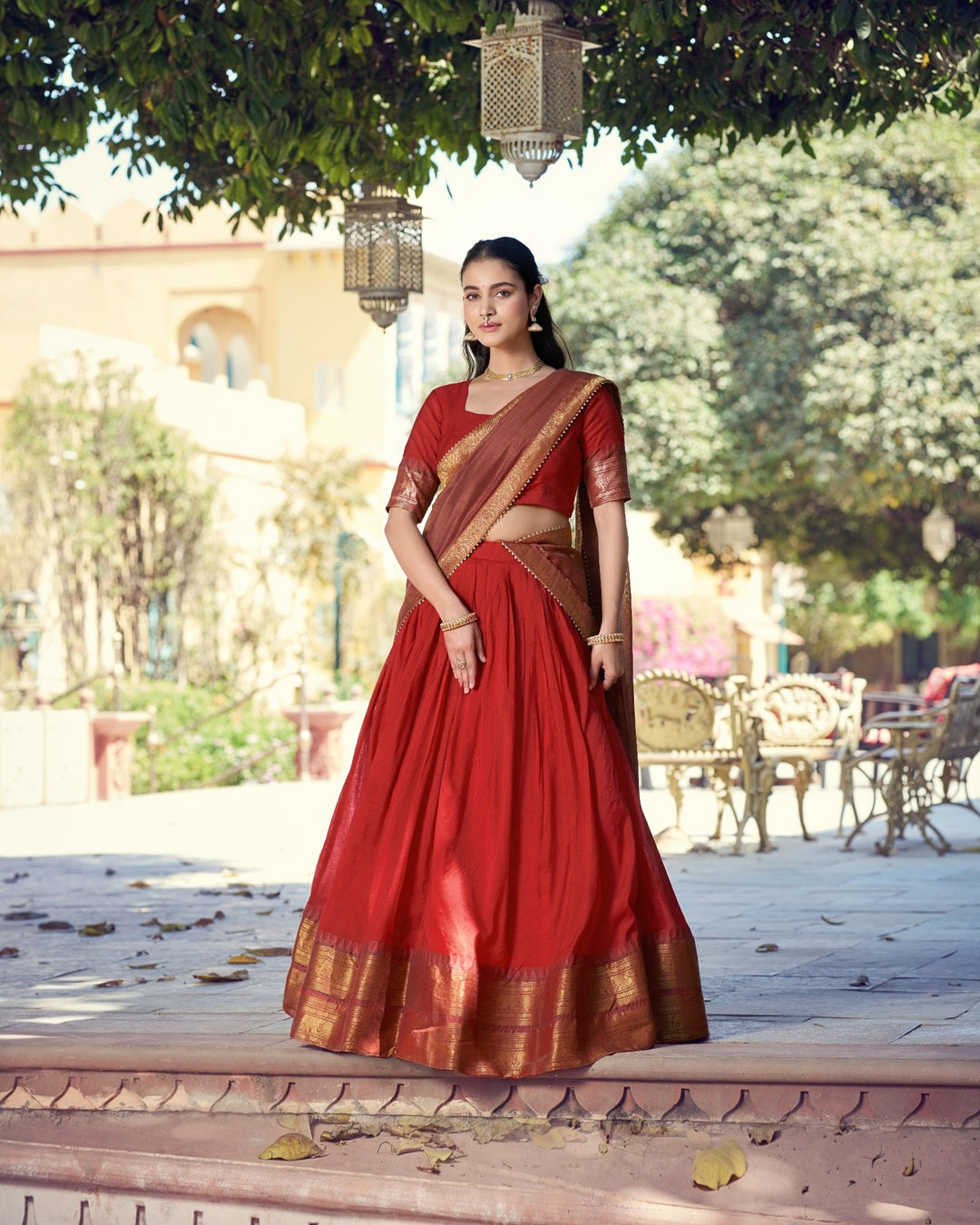 Orange Poly Cotton Zari Weaving Lehenga for Women | Traditional Festive & Wedding Wear
