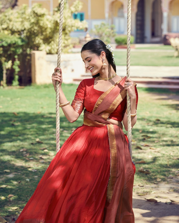 Orange Poly Cotton Zari Weaving Lehenga for Women | Traditional Festive & Wedding Wear
