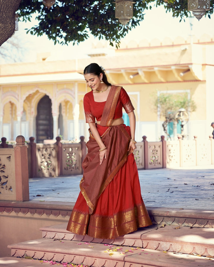Orange Poly Cotton Zari Weaving Lehenga for Women | Traditional Festive & Wedding Wear