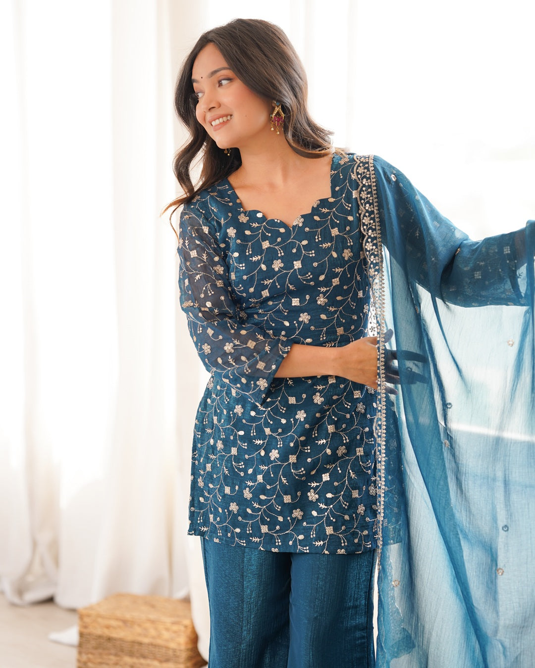 Teal Blue Crunchy Silk Embroidered Palazzo Suit – Elegant Festive & Party Wear for Women