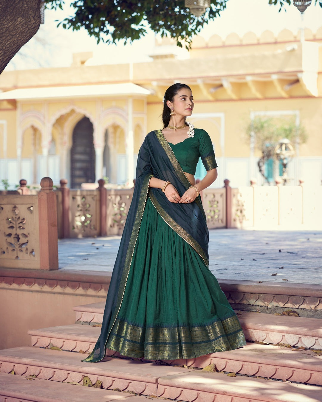 Teal Green Poly Cotton Zari Weaving Lehenga for Women | Traditional Festive & Wedding Wear