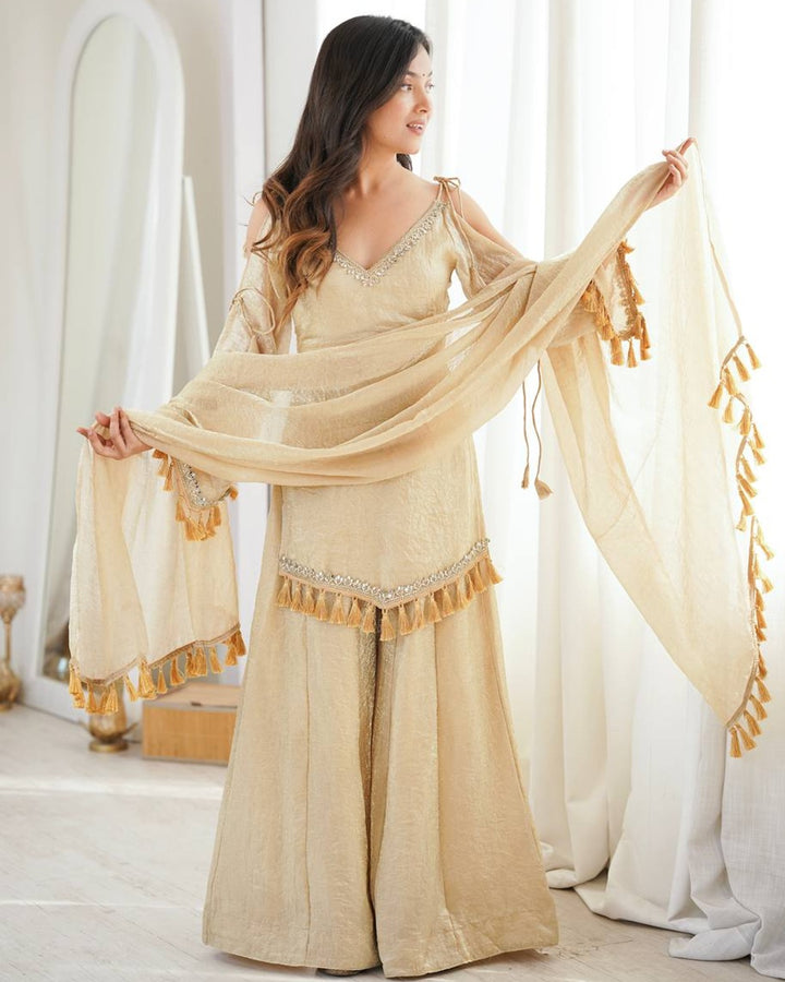 Premium Arabia Beige Doremon Crush Kurti Palazzo Set for Women | Festive & Casual Wear