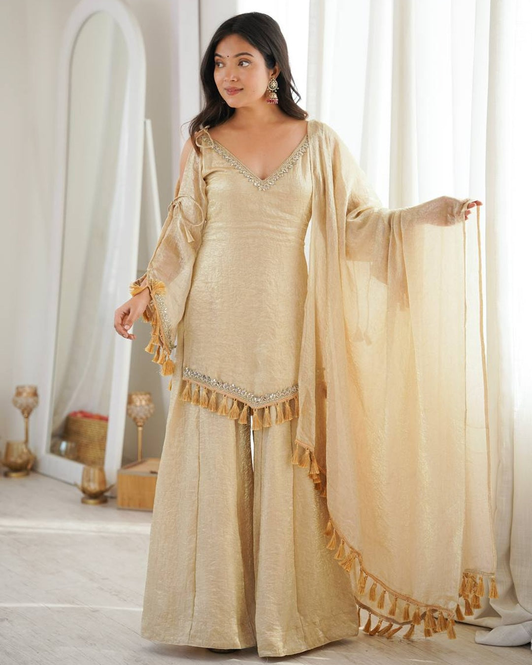 Premium Arabia Beige Doremon Crush Kurti Palazzo Set for Women | Festive & Casual Wear