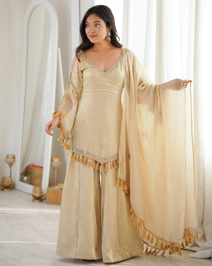 Premium Arabia Beige Doremon Crush Kurti Palazzo Set for Women | Festive & Casual Wear