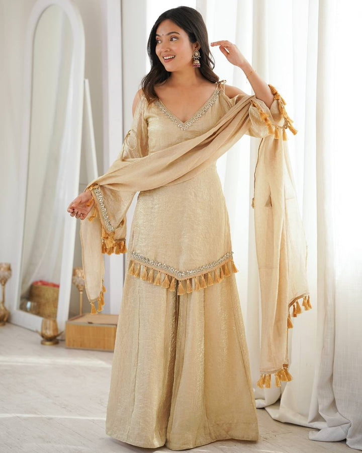 Premium Arabia Beige Doremon Crush Kurti Palazzo Set for Women | Festive & Casual Wear