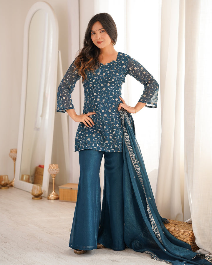 Teal Blue Crunchy Silk Embroidered Palazzo Suit – Elegant Festive & Party Wear for Women