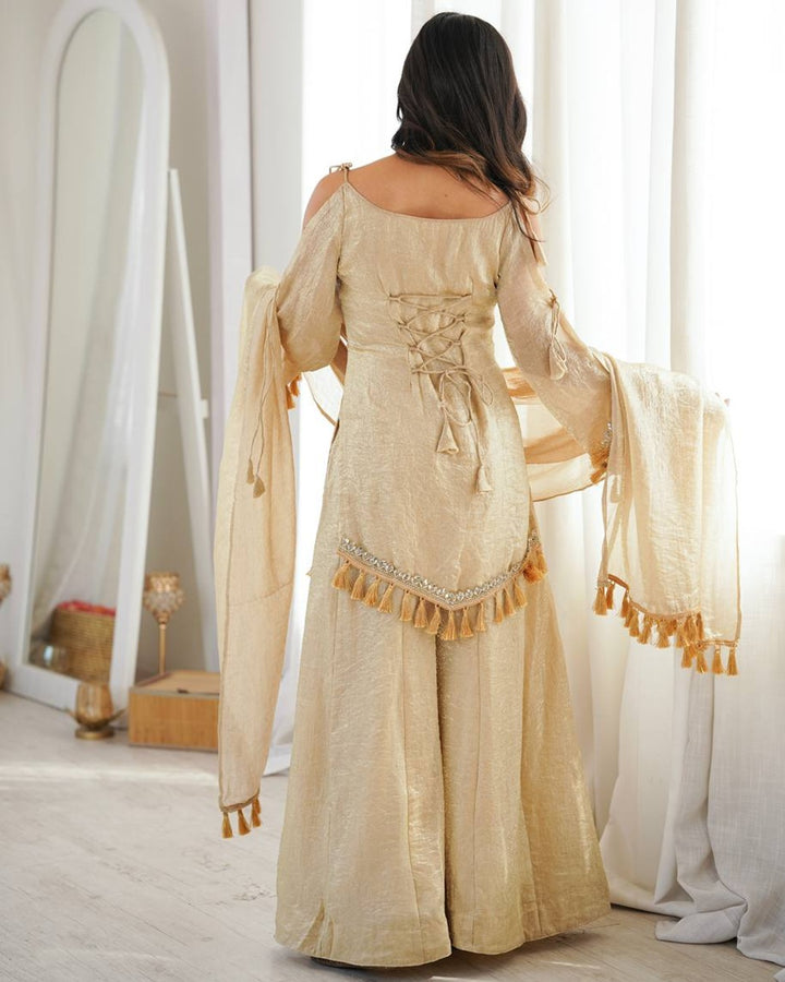Premium Arabia Beige Doremon Crush Kurti Palazzo Set for Women | Festive & Casual Wear