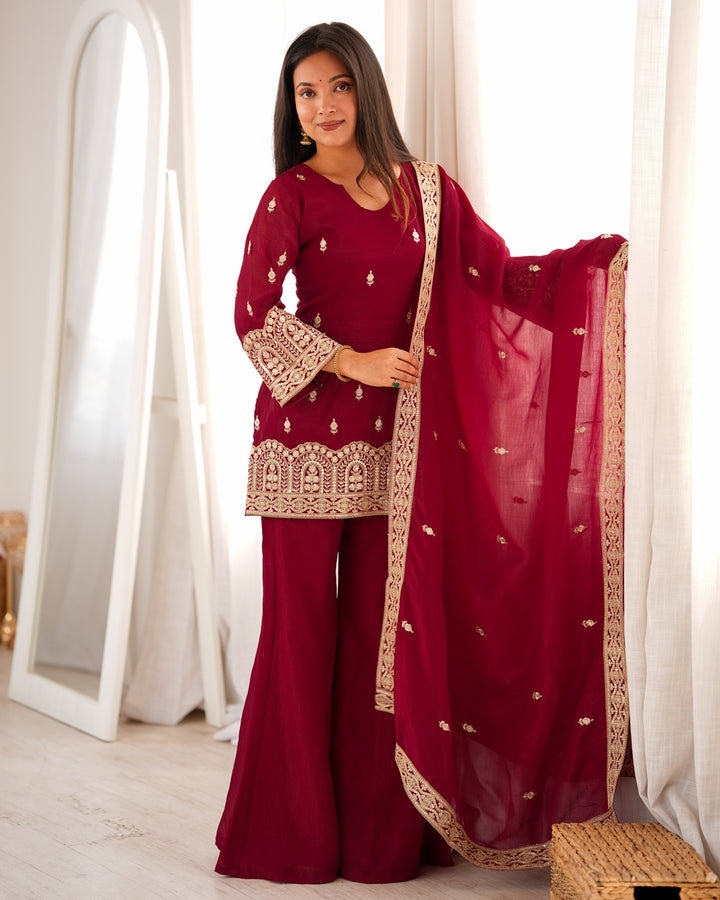 Maroon Crunchy Silk Embroidered Palazzo Suit for Women | Designer Festive & Wedding Wear