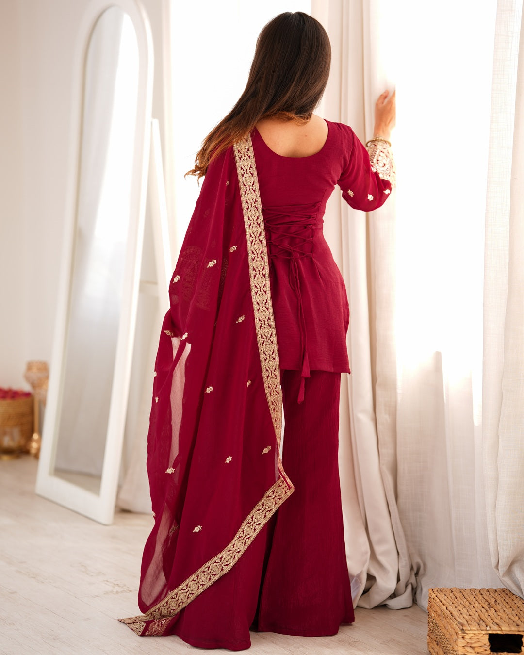 Maroon Crunchy Silk Embroidered Palazzo Suit for Women | Designer Festive & Wedding Wear