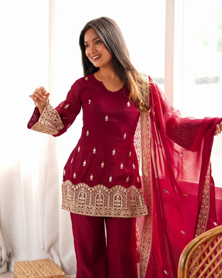 Maroon Crunchy Silk Embroidered Palazzo Suit for Women | Designer Festive & Wedding Wear