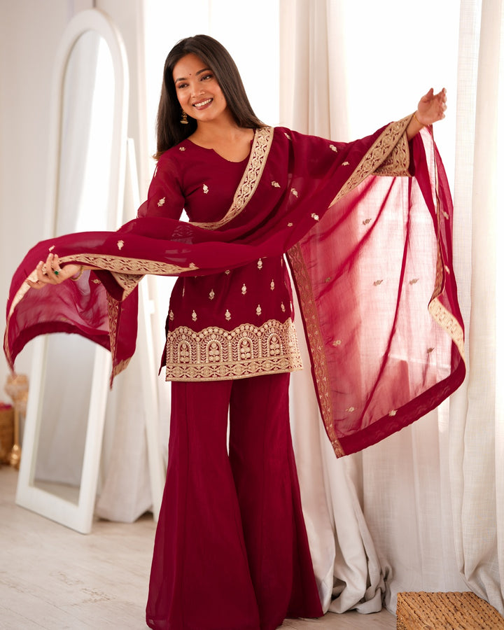 Maroon Crunchy Silk Embroidered Palazzo Suit for Women | Designer Festive & Wedding Wear