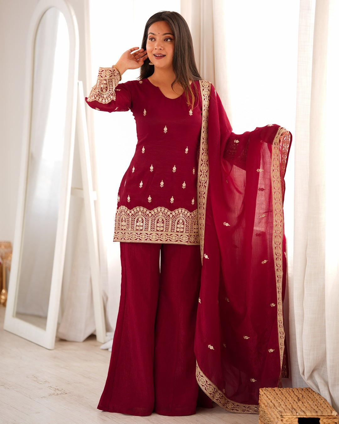 Maroon Crunchy Silk Embroidered Palazzo Suit for Women | Designer Festive & Wedding Wear