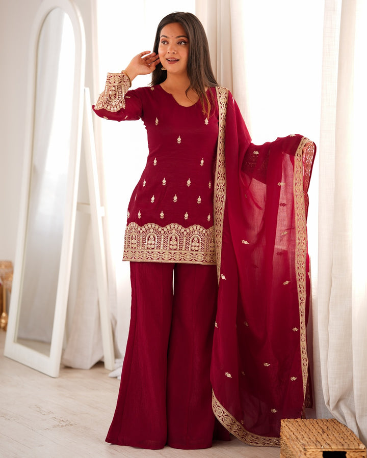 Maroon Crunchy Silk Embroidered Palazzo Suit for Women | Designer Festive & Wedding Wear