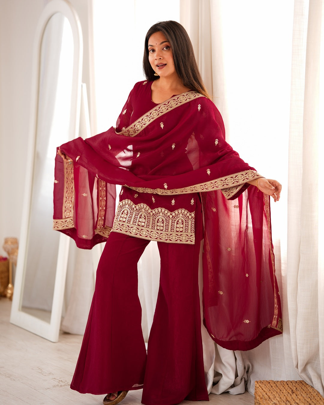 Maroon Crunchy Silk Embroidered Palazzo Suit for Women | Designer Festive & Wedding Wear