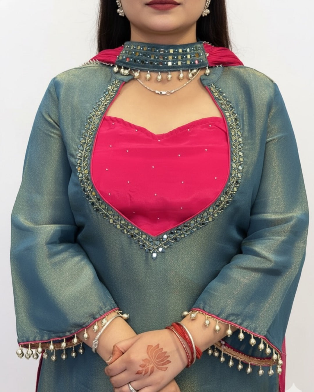 Premium Teal Blue Roman Glass Silk Kurti Palazzo Set for Women | Festive, Party & Office Wear
