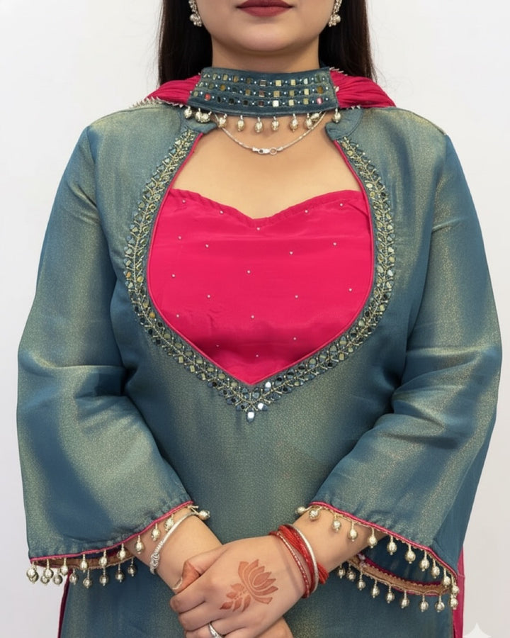 Premium Teal Blue Roman Glass Silk Kurti Palazzo Set for Women | Festive, Party & Office Wear