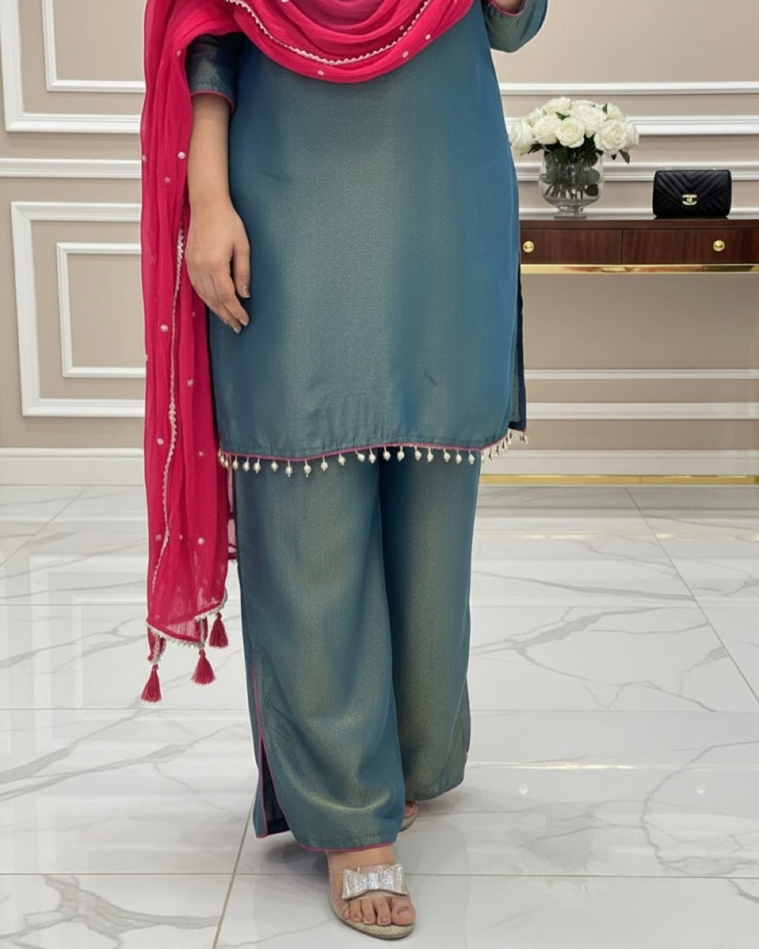Premium Teal Blue Roman Glass Silk Kurti Palazzo Set for Women | Festive, Party & Office Wear