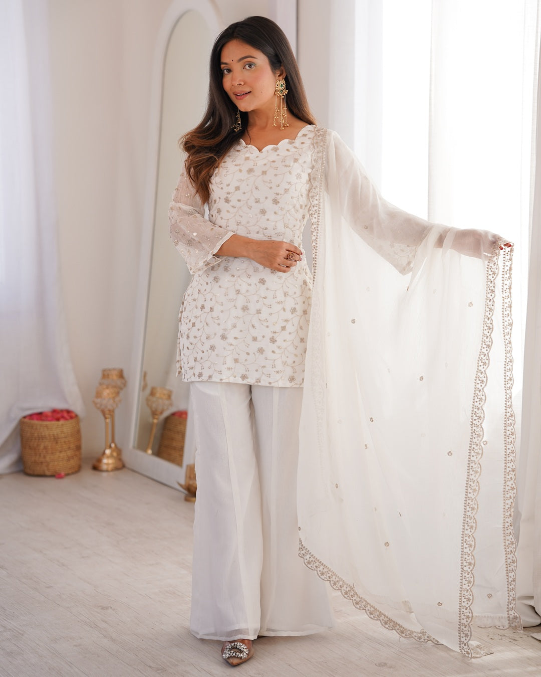 Off-White Crunchy Silk Embroidered Palazzo Suit – Elegant Festive & Party Wear for Women