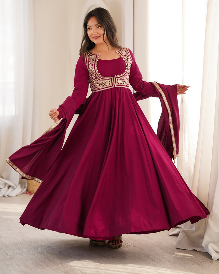 Rani Pink Roman Silk Three Piece Anarkali Suit for Women | Festive, Wedding & Party Wear