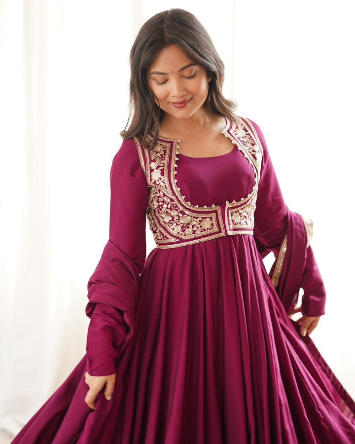 Rani Pink Roman Silk Three Piece Anarkali Suit for Women | Festive, Wedding & Party Wear
