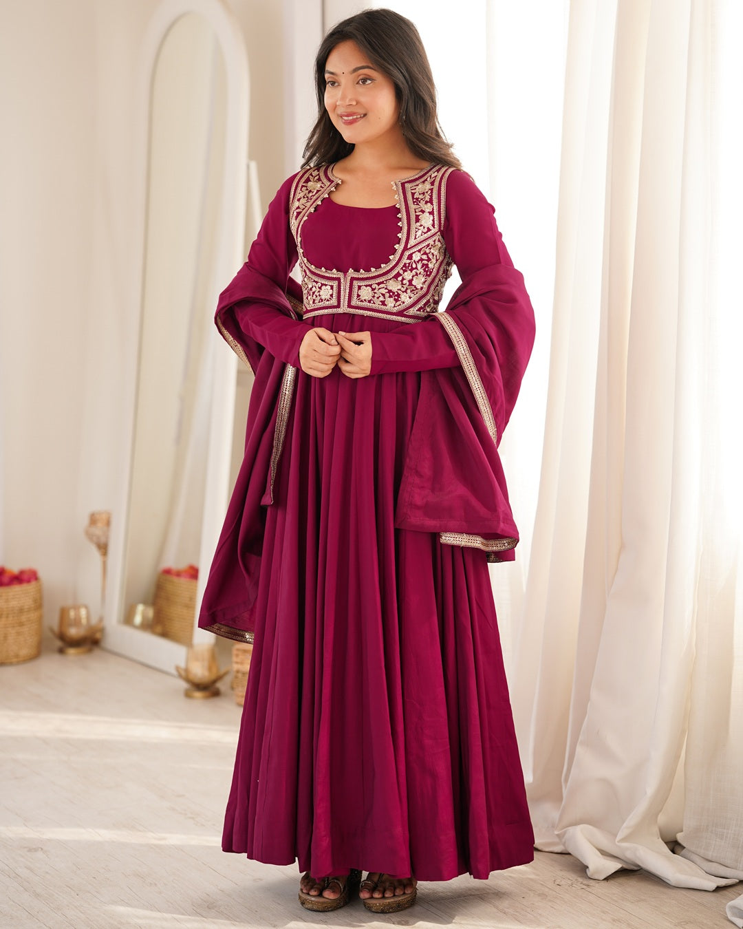 Rani Pink Roman Silk Three Piece Anarkali Suit for Women | Festive, Wedding & Party Wear