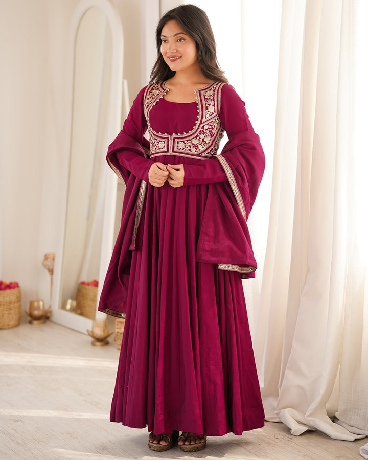 Rani Pink Roman Silk Three Piece Anarkali Suit for Women | Festive, Wedding & Party Wear