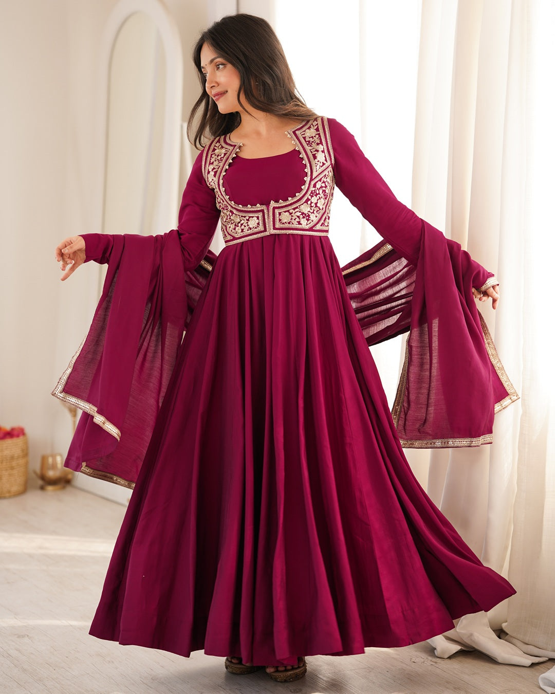 Rani Pink Roman Silk Three Piece Anarkali Suit for Women | Festive, Wedding & Party Wear