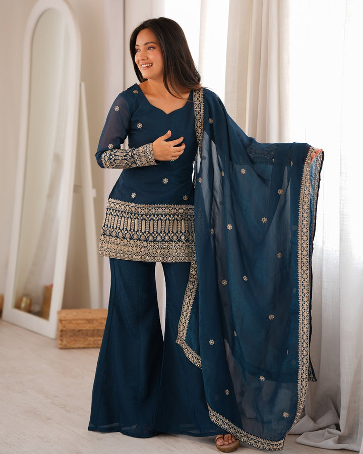 Teal Blue Embroidered Crunchy Silk Palazzo Suit for Women