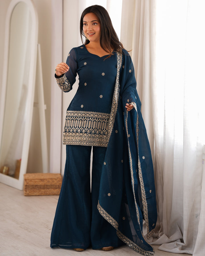 Teal Blue Embroidered Crunchy Silk Palazzo Suit for Women