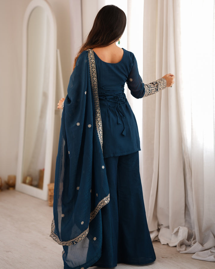 Teal Blue Embroidered Crunchy Silk Palazzo Suit for Women