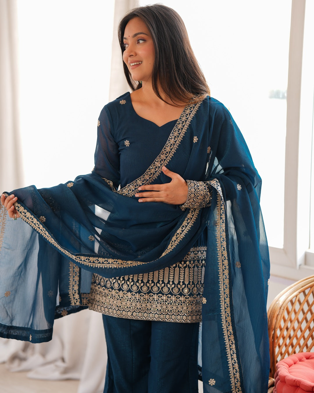 Teal Blue Embroidered Crunchy Silk Palazzo Suit for Women
