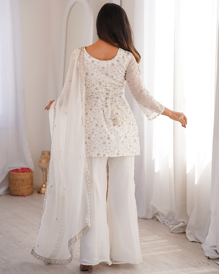 Off-White Crunchy Silk Embroidered Palazzo Suit – Elegant Festive & Party Wear for Women